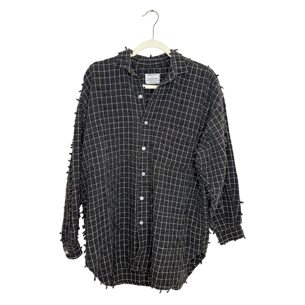 World Piece by Nina Grand Pom Pom Textured Plaid Button Down Shirt Black White